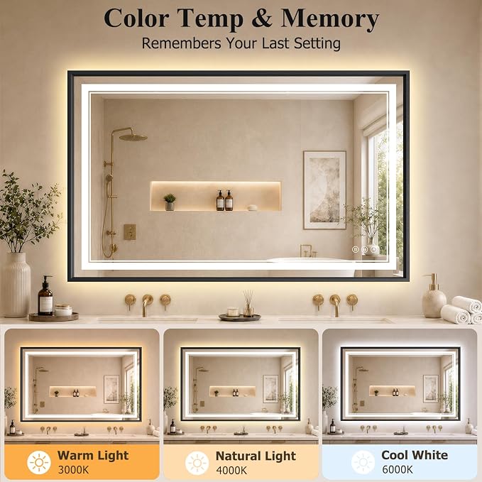 30"x48" LED Bathroom Mirror with Lights, Backlit + Front Lit, Anti-Fog | Lighted Bathroom Mirror with One-Piece Aluminum Alloy Frame, HD Shatterproof Tempered Glass, Dimmable, Memory Function