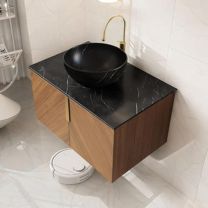 LKTART 30 Inch Bathroom Vanity with Sink, Modern Wall Mounted Bathroom Sink with 2 Doors, Black Sintered Stone Countertop and Gray-Black Bowl Ceramic Basin, Brown