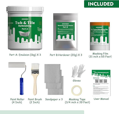 NADAMOO Tub and Tile Refinishing Kit (3kg / 105 oz, with tools, White), DIY Bathtub Sink Countertop Paint Resurface Kit for Bathroom Kitchen Porcelain Fiberglass, Semi-gloss