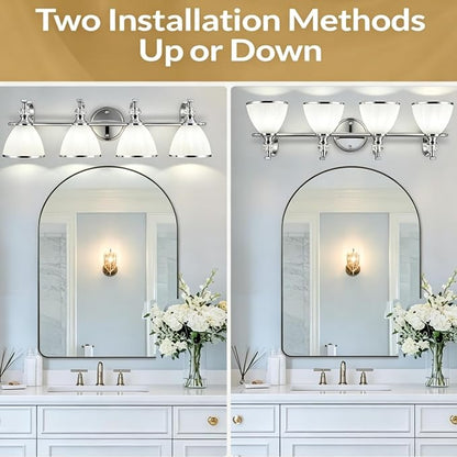Vanity Lights for Bathroom Over Mirror, Elegant Wall Sconces with Milky White Hand-Painted Frosted Glass Shade, E26 Socket (Bulbs Not Included) (Polished Chrome, 4-Light)