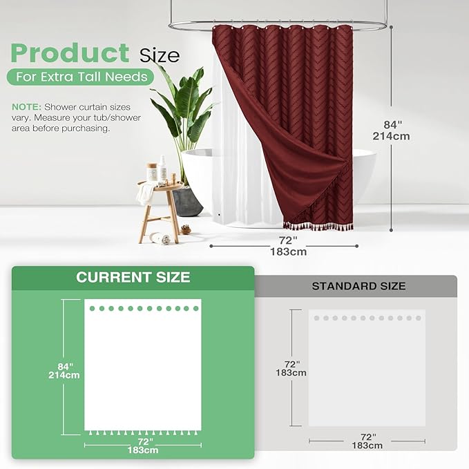 Dynamene Extra Long Shower Curtain and Liner Set - 84 inch Tall Boho Shower Curtain and Waterproof Clear Liner, Tufted Chevron Striped Tassel Shower Curtains for Bathroom, 12 Hooks, 72x84, Burgundy
