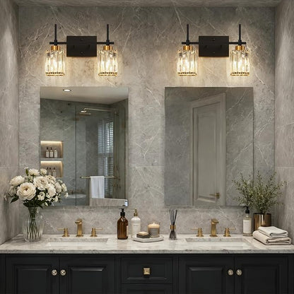 Torondo Modern Crystal Bathroom Vanity Light 2-Lights Gold Bathroom Light Fixtures Over Mirror Black and Gold Vanity Lighting Fixtures Gold Square Shade Brass Wall Sconce (Bulbs Not Include)
