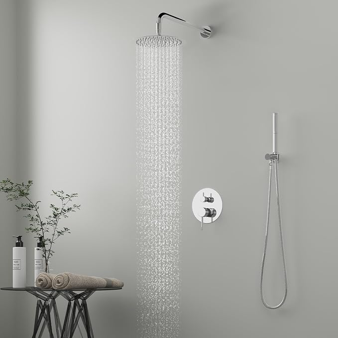 BESy Shower System with 10 Inch Round Rain Shower Head and Handheld Wall Mounted, High Pressure Rainfall Shower Faucet Fixture Combo Set with 2 in 1 Handheld Showerhead for Bathroom, Chrome