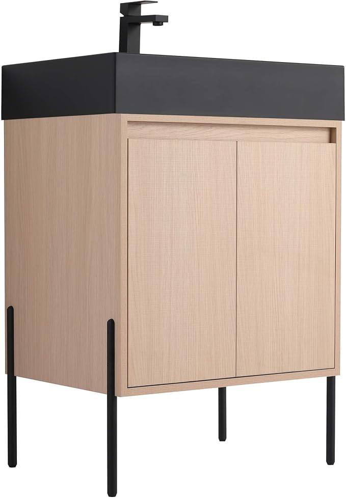 Crownpoint 24 Inch Bathroom Vanity with Sink, Black Sink, White Oak Finish, Full Assembly Required, Elegant Bathroom Vanities for Modern Homes