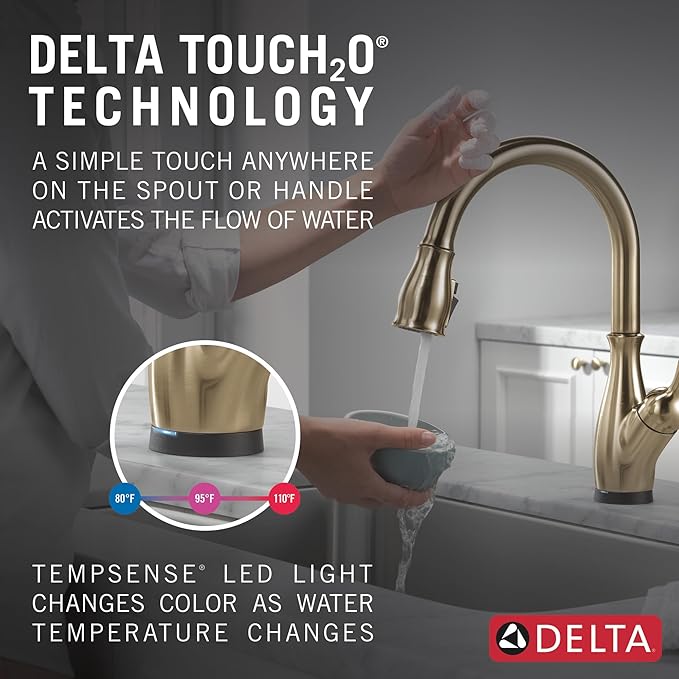 Delta Leland Brushed Gold Touch Kitchen Faucet with Pull Down Sprayer, Traditional Single Hole Touch On Kitchen Sink Faucet, Single Handle, Champagne Bronze 9178T-CZ-DST