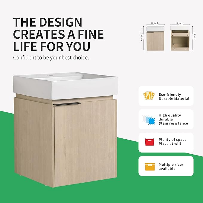 18 Inch Bathroom Vanity with Sink,Wall Mounted Bathroom Vanity Sink Combo with Soft Close Door for Small Space,Modern Floating Bathroom Vanity with Top Basin & Storage Cabinet