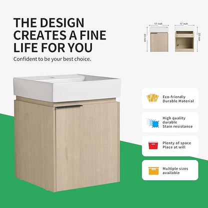 18 Inch Bathroom Vanity with Sink,Wall Mounted Bathroom Vanity Sink Combo with Soft Close Door for Small Space,Modern Floating Bathroom Vanity with Top Basin & Storage Cabinet