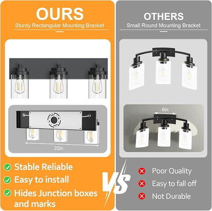 IZORRO Bathroom Vanity Light Fixture, 3-Light 22 Inch Matte Black Bathroom Light Fixtures Over Mirror, with Clear Glass Shade, Modern Farmhouse Vanity Lights, Rustic Restroom Lighting Fixtures