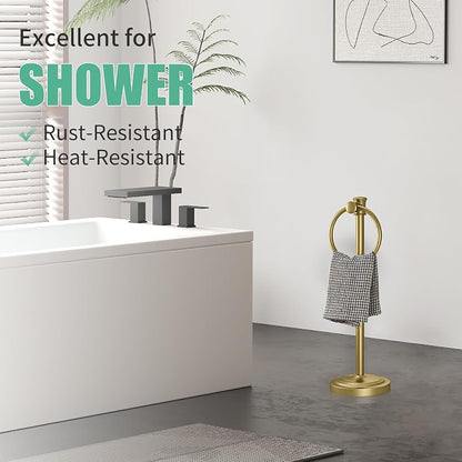 Hoimpro Hand Towel Holder Free Standing Towel Bar Brushed Gold | Hanging Floor Hand Towel Rack Ring, for Bathroom Kitchen Vanity Countertops, Hardware Accessories SUS 304 Heavy-Duty Base