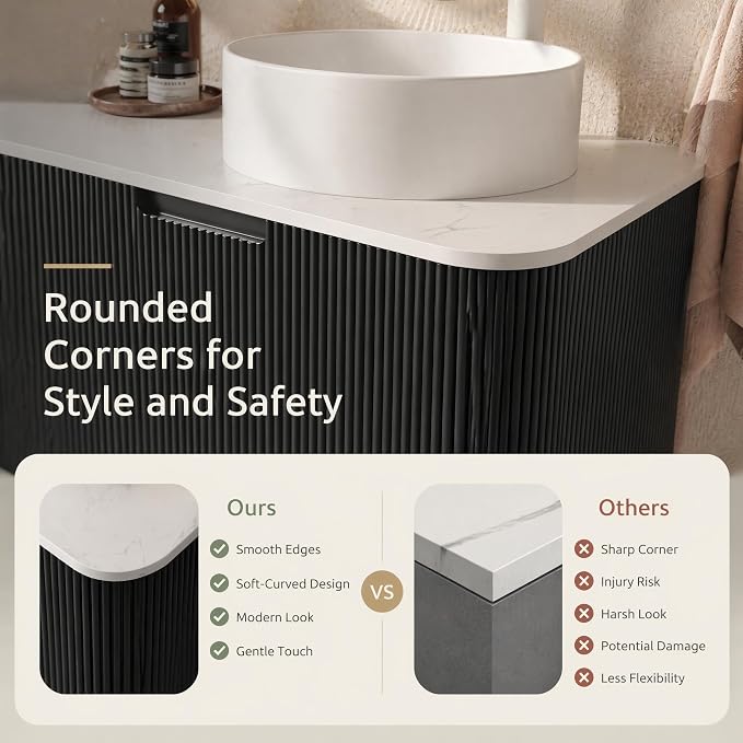 60 Inch Double Sink Bathroom Vanity, Floating Wall Mounted Cabinet, Black Curved Fluted Front, Stone Top, Dual Pure White Round Vessel Basins, Pre-Assembled
