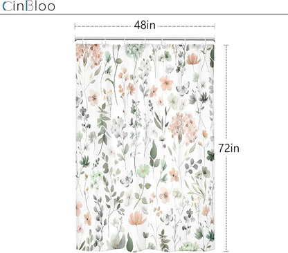 Cute Floral Small Stall Sage Green Flower Girls Bathroom Shower Curtain Set | 48"W x 72"H Wildflower Butterfly; waterproof HD print, quick-dry fabric and plastic hooks for easy setup.