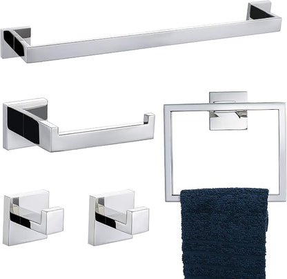Bathroom Hardware Accessories Set Polished Chrome Towel Bar Sets Include Towel Bar Towel Holder Toilet Paper Holder Towel Hook,5 Pieces Stainless Steel Wall Mounted