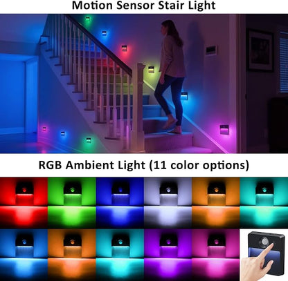 Guankai 8 Pack Motion Sensor Stair Light for Indoor, Rechargeable Battery Operated Night Lights, RGBW Stick On Closet Lamp, Motion Activated Magnetic Lighting Lamps for Step, Cabinet,Hallway,Bathroom