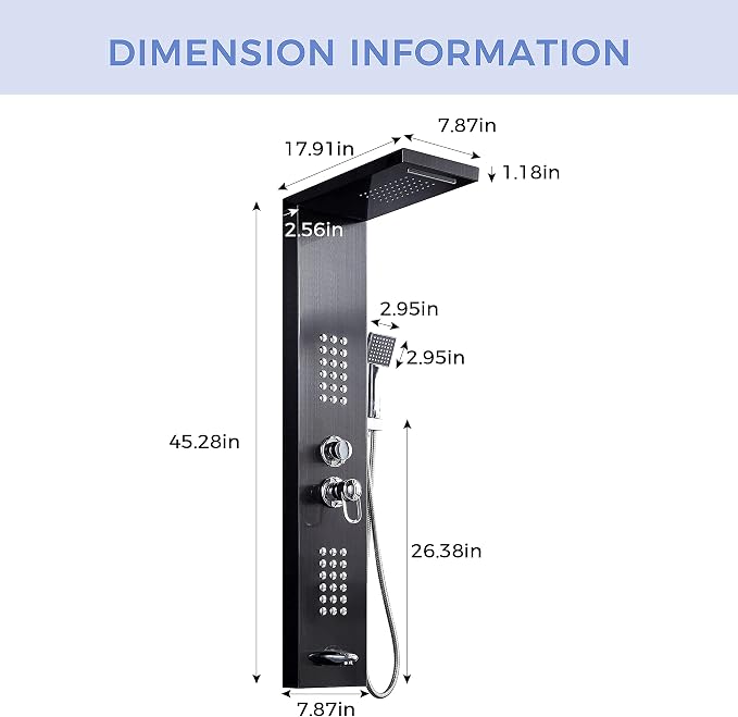 Delavin Multi Fuction Shower Panel, Shower Tower, Rainfall Waterfall Stainless Steel Shower Panel Tower System, Full Body Shower System with Body Jets, Tub Spout, Handheld Shower, Brushed Black | Stainless Steel, Rainfall Waterfall, Body Jets, Tub Spou...