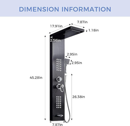 Delavin Multi Fuction Shower Panel, Shower Tower, Rainfall Waterfall Stainless Steel Shower Panel Tower System, Full Body Shower System with Body Jets, Tub Spout, Handheld Shower, Brushed Black | Stainless Steel, Rainfall Waterfall, Body Jets, Tub Spou...