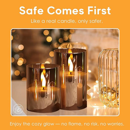 Smoke Grey Glass Flameless Pillar Candles with Remote, Flickering LED Battery Candles Table Decor Set of 3