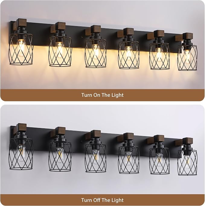 Farmhouse 6-Light Wood Bathroom Vanity Light, Black Metal Cage Shade | Mounted Over Mirror, Industrial Rustic Style, Ideal for Bathroom, Bedroom, Hallway & Living Room, Easy To Install