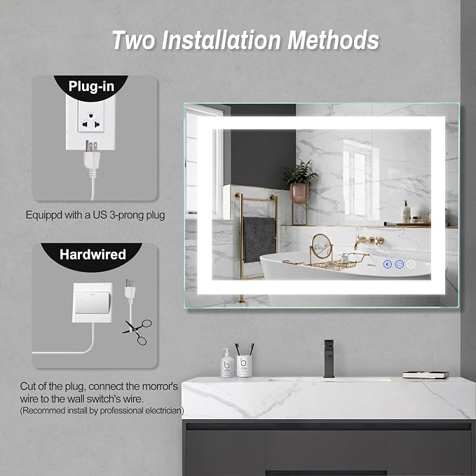 32"x 24" LED Bathroom Mirror Vanity Mirror, Anti-Fog, Dimmable, Color Temperature Adjustable 3000-6000K, Switch-held Memory Led Wall Mirror Suitable for Bathroom, Vanity (Vertical/Horizontal) | Anti-Fog+Dimmable+Color Temperature Adjustable+Switch-held...