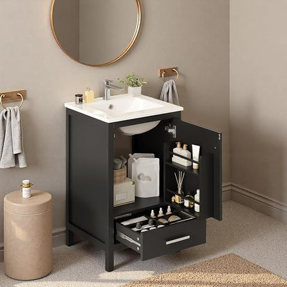 20" Freestanding Bathroom Vanity with Sink, Floor Stand Bathroom Storage Cabinet with Ceramic Sink, Door with Double-Layered Storage Shelves, Modern Compact Vanity with Divided Drawer, Black