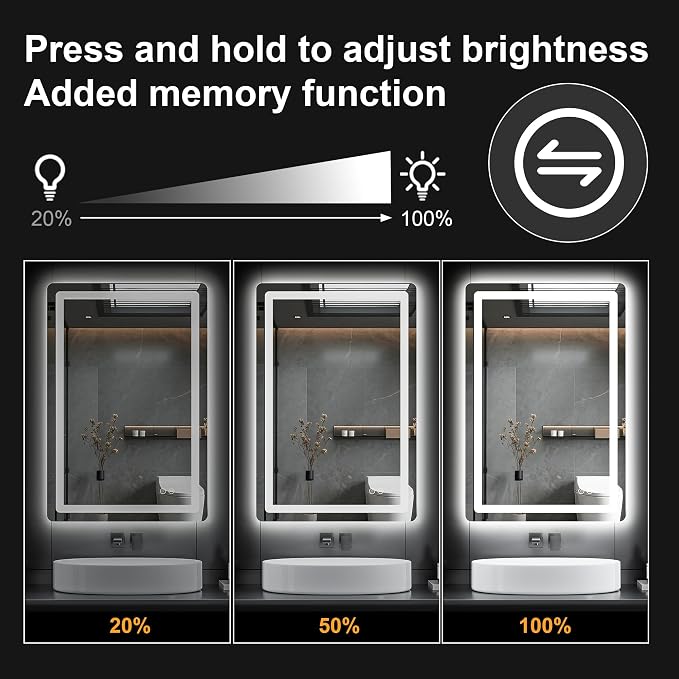 LED Bathroom Vanity Mirror with Lights, 36"x24" Lighted Wall Mirror | Front and Backlit, Anti Fog, Dimmable 3 Color Lighting, Memory Function, Shatterproof Glass, Plug in or Hardwired