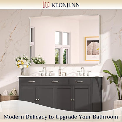 Keonjinn 55 x 36 Inch Brushed Nickel Bathroom Mirror, Tempered Glass | Silver Bathroom Mirrors for Over Sink, Rounded Rectangle Vanity Mirror, Rust-Resistant Aluminum Frame, French Cleat Mount