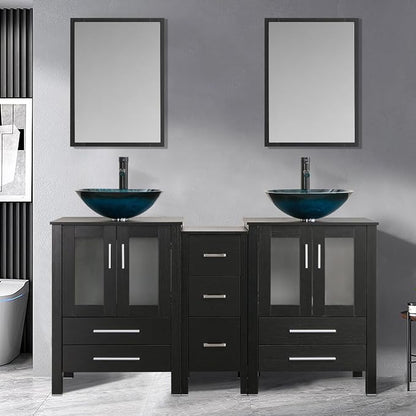 60" Black Bathroom Vanity,Double Vanity,0.5"Tempered Glass Vessel Sink (Light Blue),ORB Faucet,Drain Parts,Bathroom Vanity Top,Glass Sink Bowl,Vanity Pedestal,Mounting Ring Include,Mirror Not Included