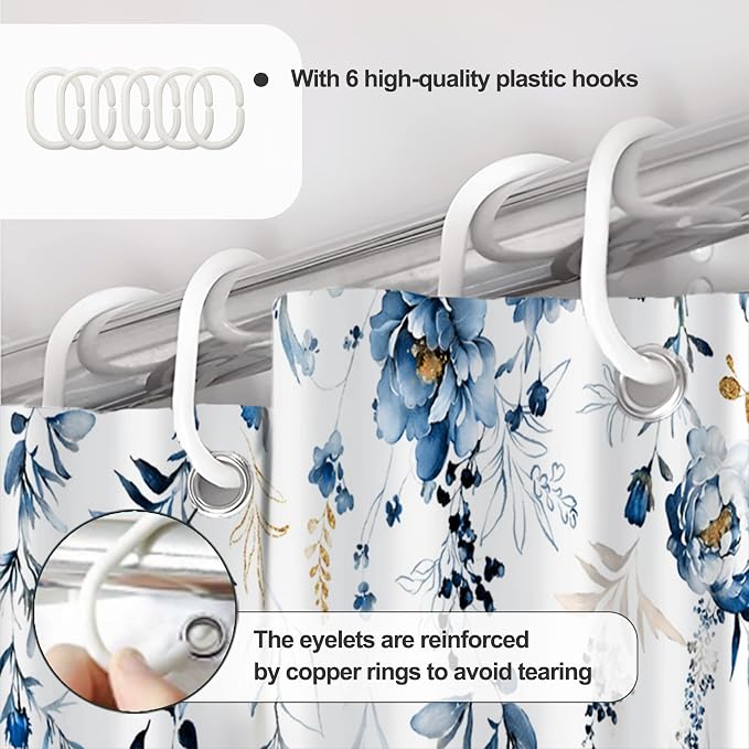 AWERT Blue Plants Shower Curtain with Hooks Watercolor Leaves Shower Curtain for Bathroom Waterproof Bathroom Accessories Bathtub Decor 36x72inch