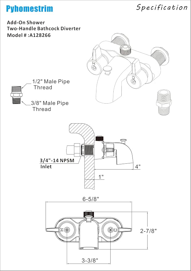 Bathcock Clawfoot Tub Shower Diverter Kit, 3 3/8" Centers, Vintage Bathtub Faucet, MIP Inlet, Shower Riser Outlet, Chrome