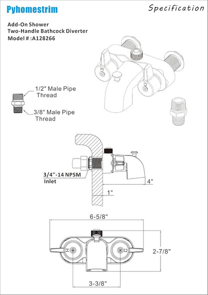 Bathcock Clawfoot Tub Shower Diverter Kit, 3 3/8" Centers, Vintage Bathtub Faucet, MIP Inlet, Shower Riser Outlet, Chrome