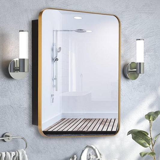 20’’x26’’ Medicine Cabinet,Metal Framed Medicine Cabinet Mirror with Round Corner,Recessed and Surface Mount Bathroom Mirror with Storage, Removeable Shelves,Gold