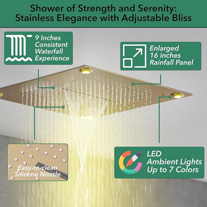 VANFOXLE Shower Faucet Set Brushed Rose Gold Four Modes Shower System,Shower Faucet with 2 in 1 Handheld,Ceiling Mount 16 Inch LED Shower Head(Rain and Waterfall)+6 Inch Shower Head
