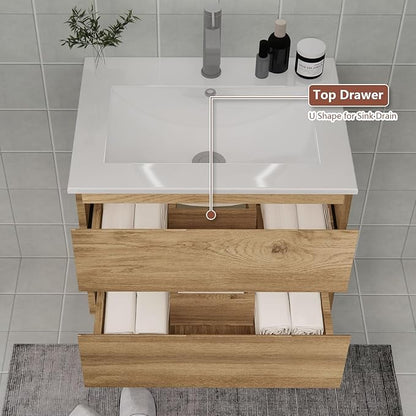 Wall-Mounted Bathroom Vanity with Sink and 2 Soft-Close Drawers – Moisture-Resistant MDF, Space-Saving Design for Modern Bathrooms (Nature with Sink, 24)