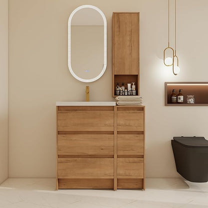 36" Bathroom Vanity Set, 36 Inch Modern Freestanding Vanity with Wall-Mounted Side Cabinet and 6 Drawers, Single Resin Sink Floor Stand Cabinet Set Imitative Oak（J24+E12B+B12A）