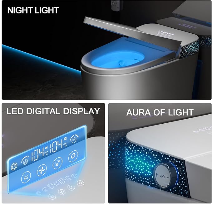 Smart Toilet with Bidet Built in, Elongated Bidet Toilet with Auto Soft Open/Close, Auto Flush, One Piece Toilet with Warm Wash & Dryer, Heated Seat, LED & Night Light, Self-Cleaning, Full/Half Flush