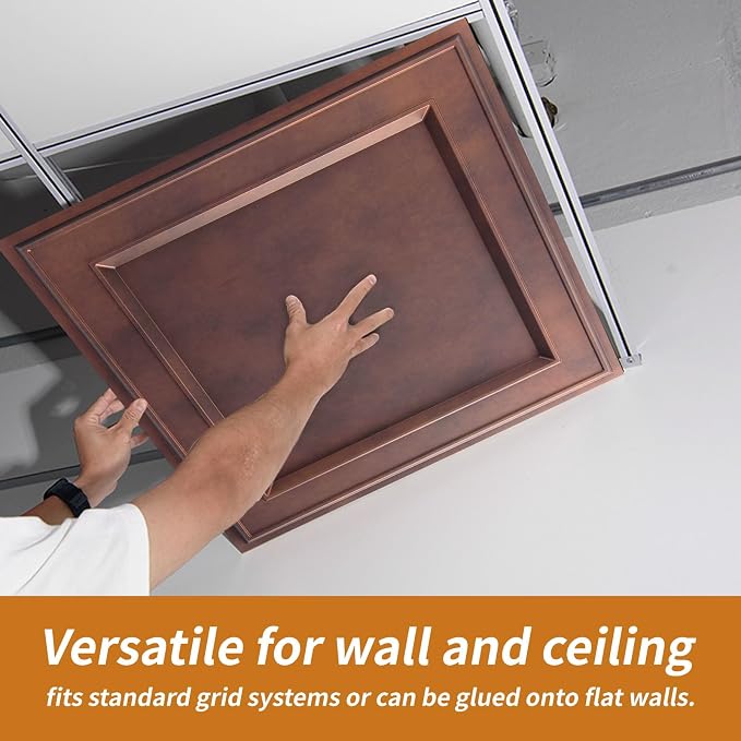 WOWSTAR 12-Pack 24"x24" Drop Ceiling Tiles, Waterproof Glue up Ceiling Panels, Modern Style 3D Wall Panels, Antique Copper | PVC ceiling panels, 24"x24", waterproof, glue-up install, basement kitchen bathroom, 12-pack, set C