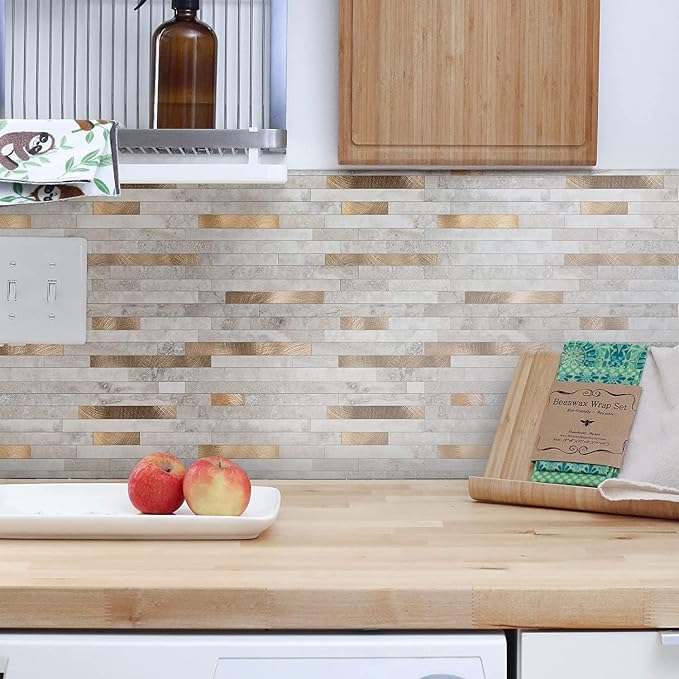 KASARO Peel and Stick Marble Backsplash Tile, 1-Sheet, Beige Marble with Vintage Golden Stripes, Self-Adhesive Aluminum Wall Tile for Kitchen, Bathroom, Fireplace, RV (11.4”x10.6”, 4mm Thick)