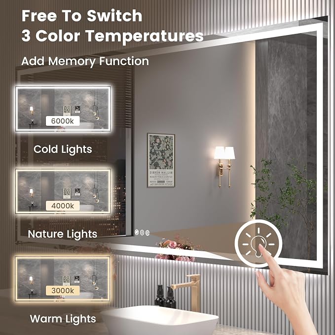 Snowdool 88 x 38 in LED Bathroom Mirror, Front and Backlit, Anti-Fog | Front and Backlit, 3 Color Temperatures, Anti-Fog, Tempered Glass