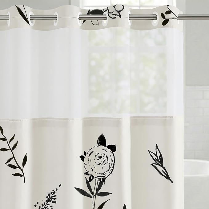 Americanflat 72x75 Hookless Shower Curtain - Water-Resistant Floral Shower Curtain with Sheer Panel, Snap-in Liner, and Grommets - 100% Polyester - Botanical Bathroom Curtains - Black and Ivory