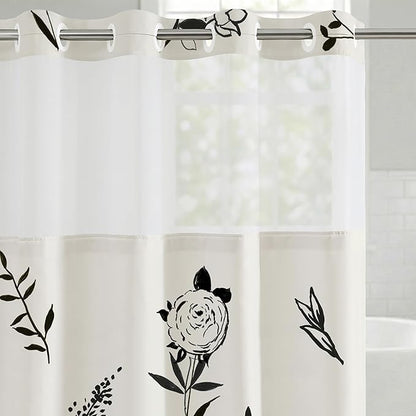 Americanflat 72x75 Hookless Shower Curtain - Water-Resistant Floral Shower Curtain with Sheer Panel, Snap-in Liner, and Grommets - 100% Polyester - Botanical Bathroom Curtains - Black and Ivory