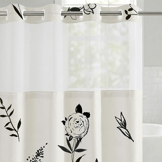 Americanflat 72x75 Hookless Shower Curtain - Water-Resistant Floral Shower Curtain with Sheer Panel, Snap-in Liner, and Grommets - 100% Polyester - Botanical Bathroom Curtains - Black and Ivory