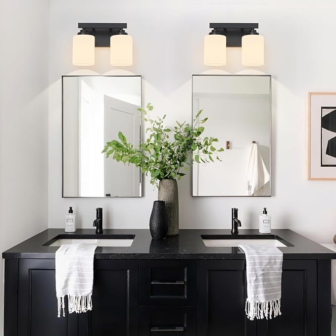 Bathroom Light Fixtures, Vanity Light Over Mirror Black 2-Light Fixture | Modern bathroom vanity light fixture with metal frame, ideal for mirrors, bedrooms and hallways. Fits E26 bulbs.