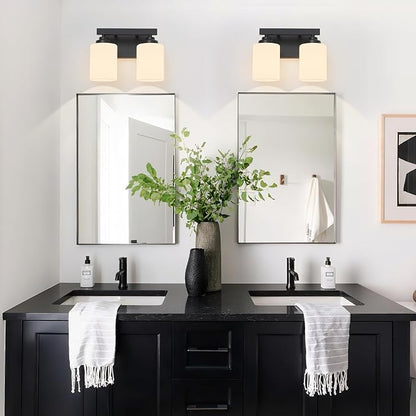 Bathroom Light Fixtures, Vanity Light Over Mirror Black 2-Light Fixture | Modern bathroom vanity light fixture with metal frame, ideal for mirrors, bedrooms and hallways. Fits E26 bulbs.