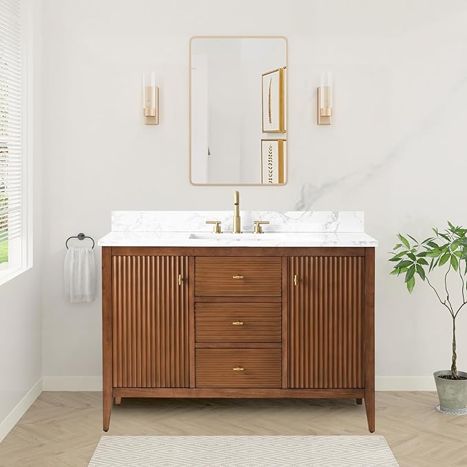 HOMEBEYOND 48" Bathroom Vanity with Sink, Solid Wood Bathroom Vanity Free-Standing Cabinet, Drawers, Ceramic Top & Soft Closing Door, Golden Brushed Handware, Walnut