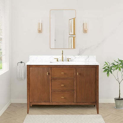 HOMEBEYOND 48" Bathroom Vanity with Sink, Solid Wood Bathroom Vanity Free-Standing Cabinet, Drawers, Ceramic Top & Soft Closing Door, Golden Brushed Handware, Walnut