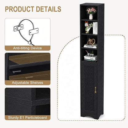 VECELO Narrow Tall Cabinet with Closed Door, 6 Adjustable Movable Shelves, Wood Space Saving Corner Storage Unit, Sleek Black