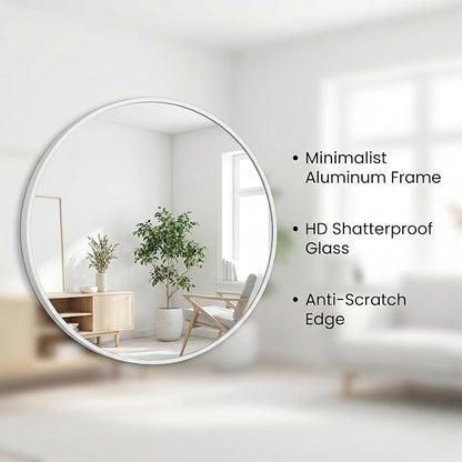HARRITPURE 24 Inch Round Mirror White Circle Bathroom Mirror | Modern Aluminum Alloy Frame Wall Mounted Vanity Mirror for Living Room, Bedroom, Entryway