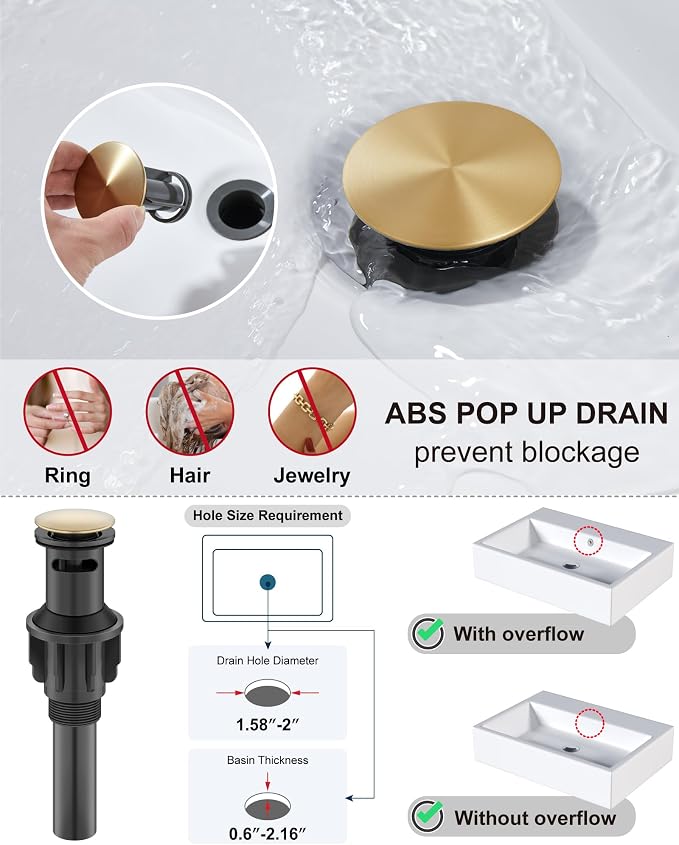 Midanya Waterfall Bathroom Faucet 1 Hole,Brushed Gold | with 24” Hoses,Pop Up Drain,6” Deck Plate,for 1 or 3 Hole Vanity,Lavatory,RV,Single Handle Bathroom Sink Faucet,NSF Certified
