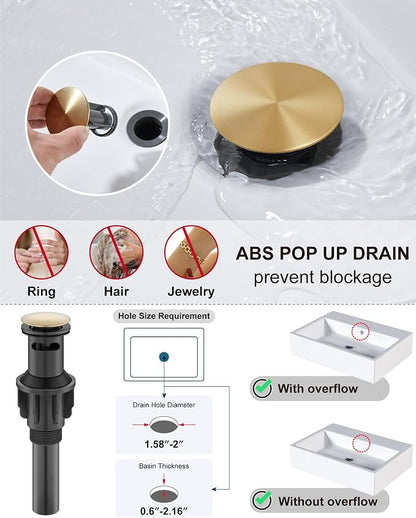 Midanya Waterfall Bathroom Faucet 1 Hole,Brushed Gold | with 24” Hoses,Pop Up Drain,6” Deck Plate,for 1 or 3 Hole Vanity,Lavatory,RV,Single Handle Bathroom Sink Faucet,NSF Certified