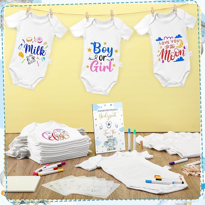 Panitay 126 Pcs Baby Shower DIY Bodysuit Set Bib 25 Blank White Newborn Bodysuit 25 Stencils 24 Marker 1 Sign 50 Pins(Blue Elephant)