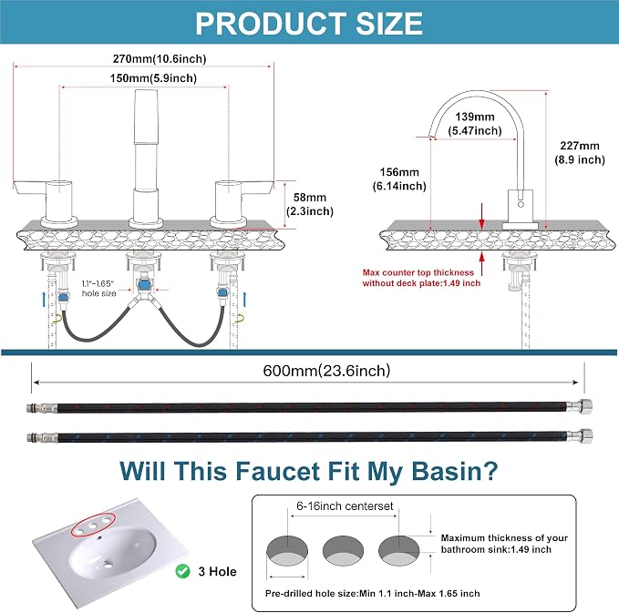 Midanya 8 Inch Widespread Bathroom Sink Faucet 3 Hole,Brushed Nickel | Waterfall Swivel Spout,2 Handle,SUS304,with Pop Up Drain,cUPC 24" Water Hose,for 6-16” hole distance vanity,RV,Farmhouse Sink